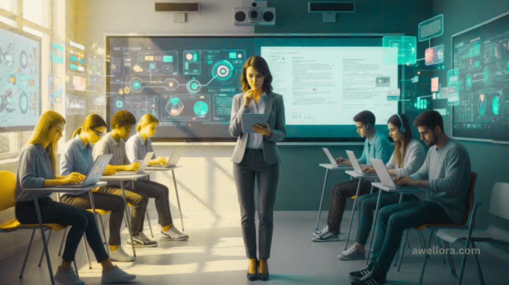 Students learning in a high-tech smart classroom with interactive digital boards and AI tools.