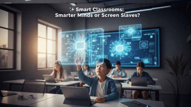 Students learning in a high-tech smart classroom with interactive digital boards and AI tools.