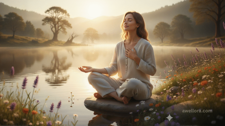 woman meditating by the lake – rebuilding self-confidence and inner trust