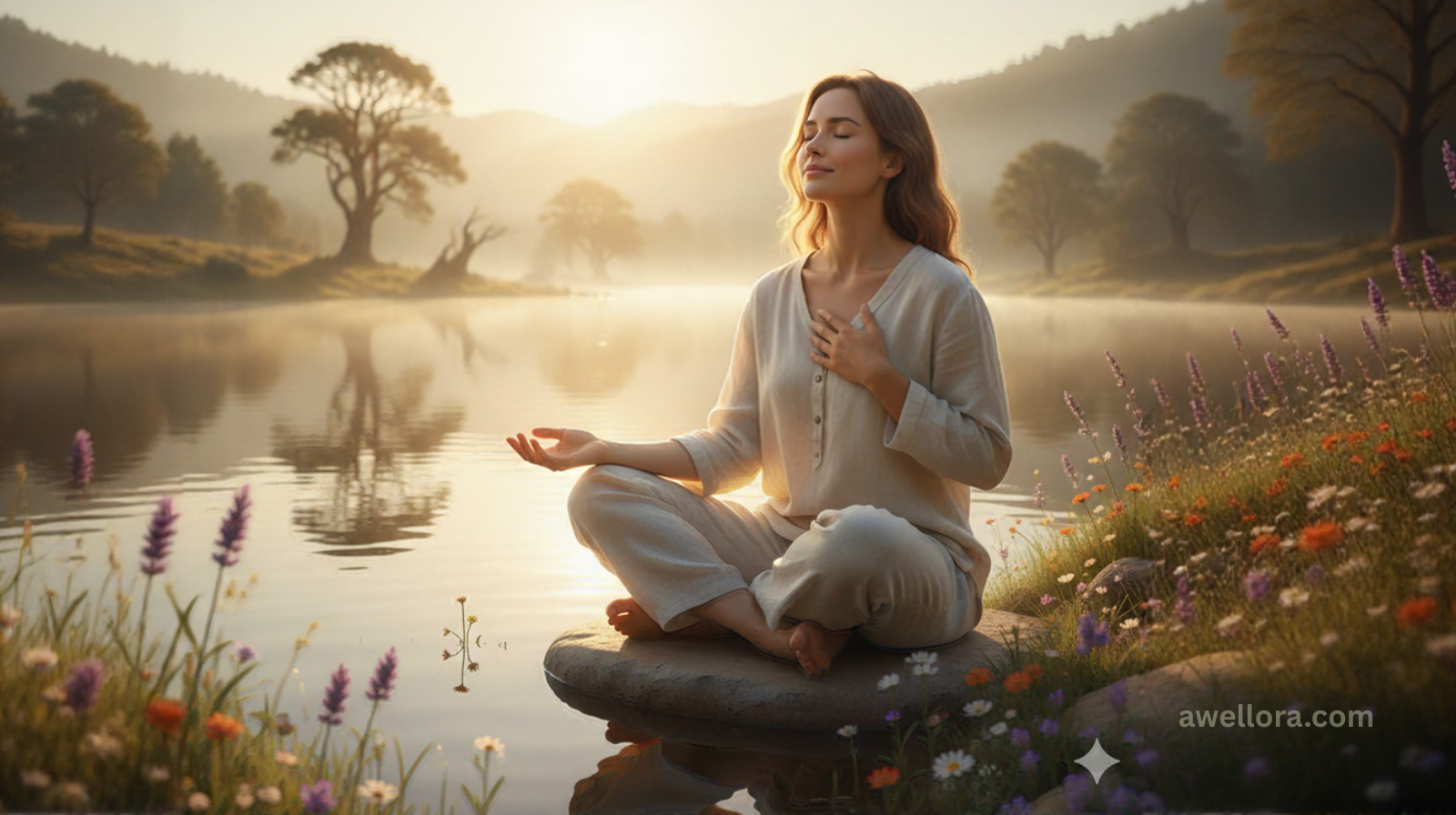 woman meditating by the lake – rebuilding self-confidence and inner trust