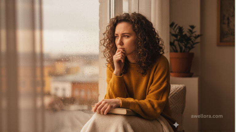 woman sitting by window deep in thought – can’t stop overthinking concept