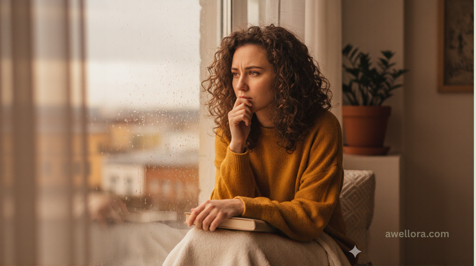 woman sitting by window deep in thought – can’t stop overthinking concept