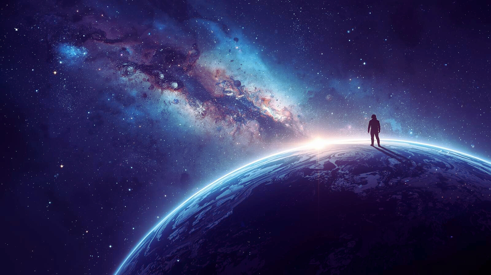 "Artist's depiction of Earth surrounded by distant stars and galaxies."