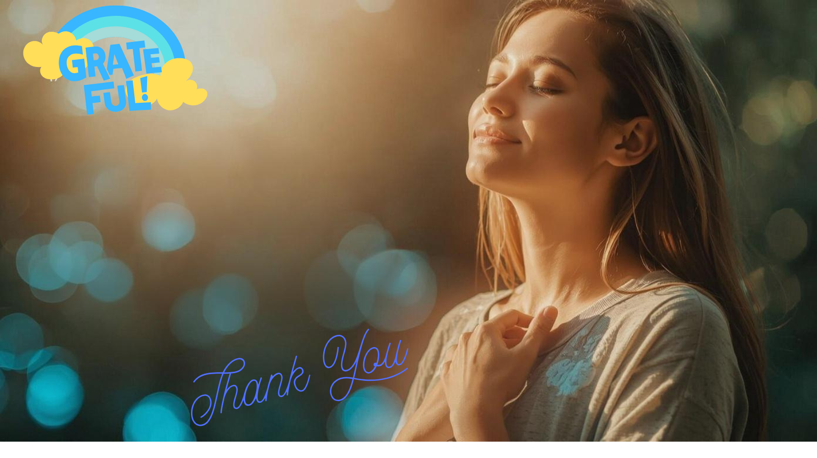 Floating words of gratitude like “Thank you,” “Grateful,” and “Blessed” over a warm, glowing background with a meditative human silhouette, representing the science of gratitude and happiness