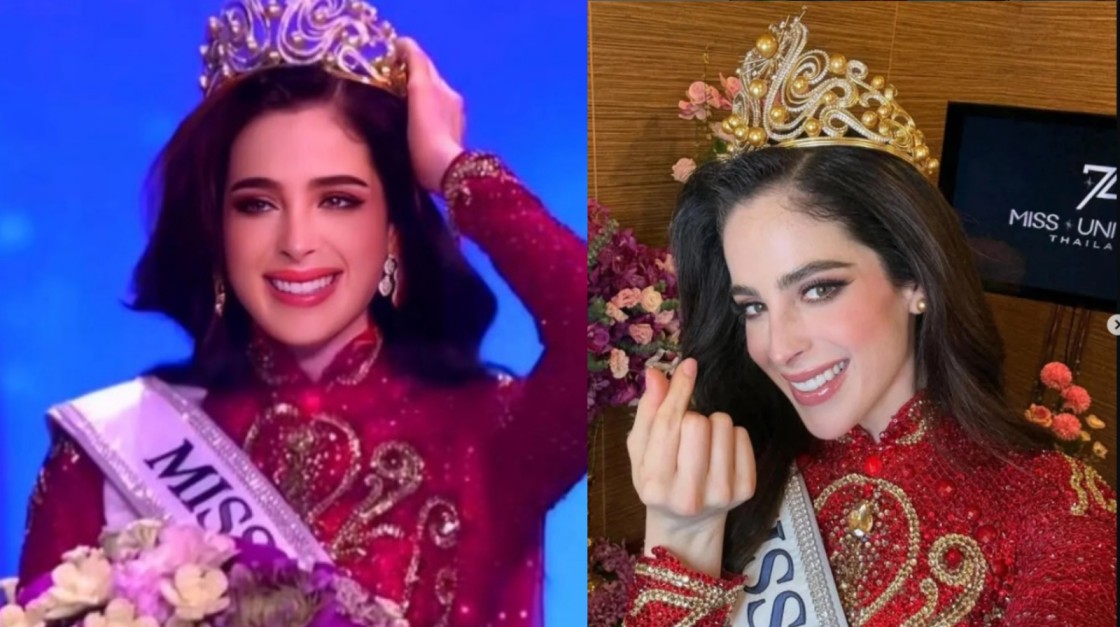 “Fatima Bosch crowned Miss Universe 2025 wearing a red evening gown on the finale stage.”