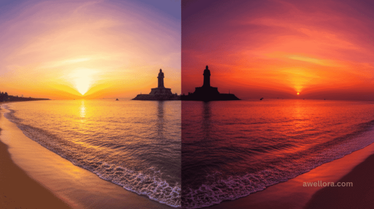 Kanyakumari Beach sunrise and sunset view over sea horizon with Vivekananda Rock Memorial, Tamil Nadu, India.