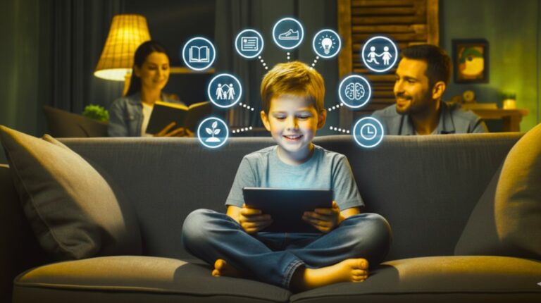 Parents guiding healthy screen time habits for children at home