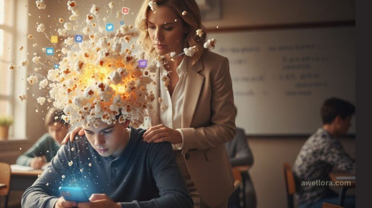 Teenager distracted by multiple screens showing signs of Popcorn Brain.