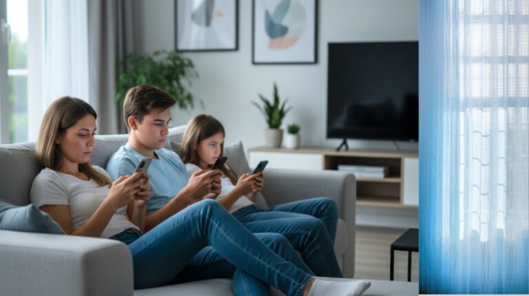 Family sitting on a couch at home, each person using a mobile phone with subtle screen glow.