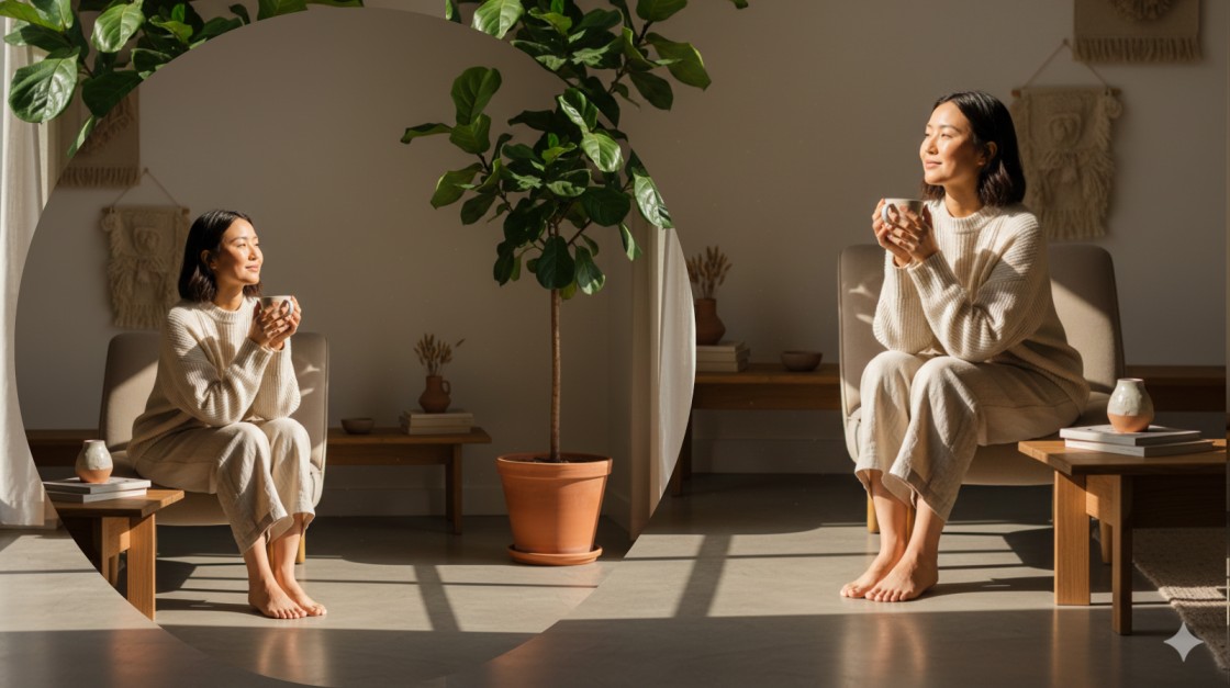 A calm lifestyle scene representing balanced living and simple habits for a peaceful and focused mind.