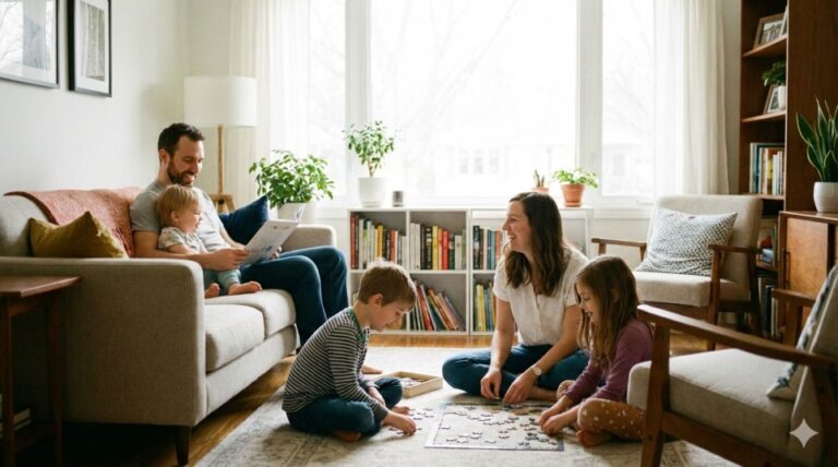 Parents and children enjoying a peaceful moment, reducing stress