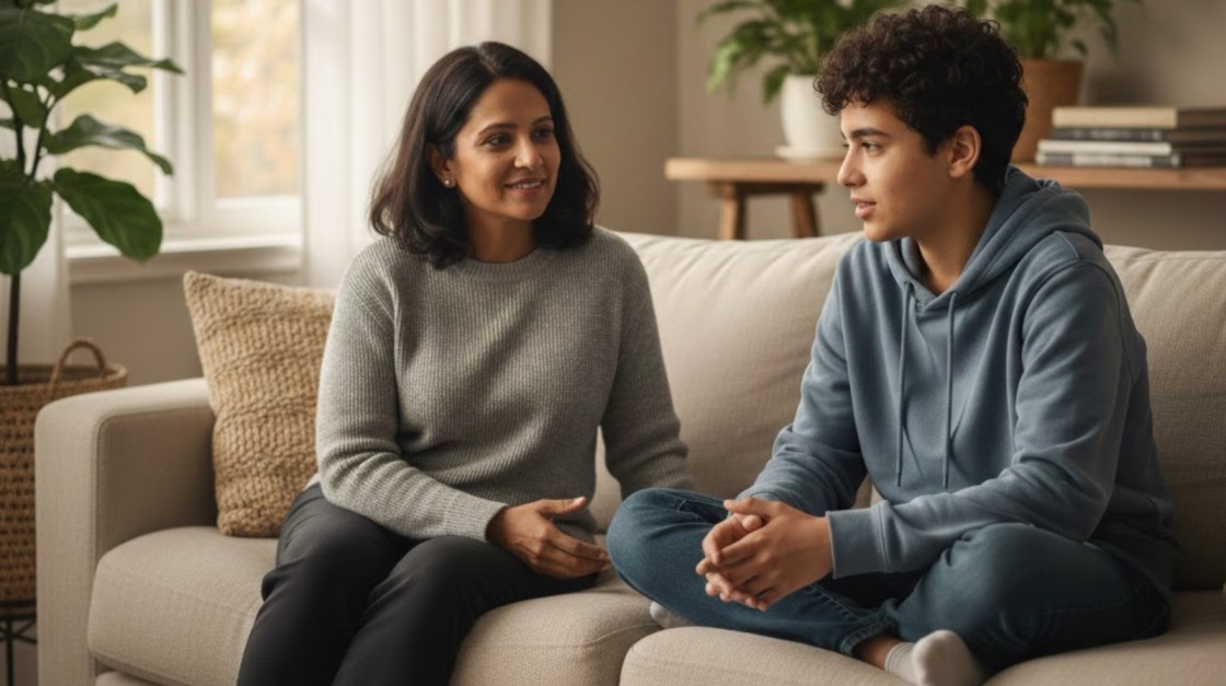 A parent listening calmly to their teenage child during a supportive and respectful conversation at home