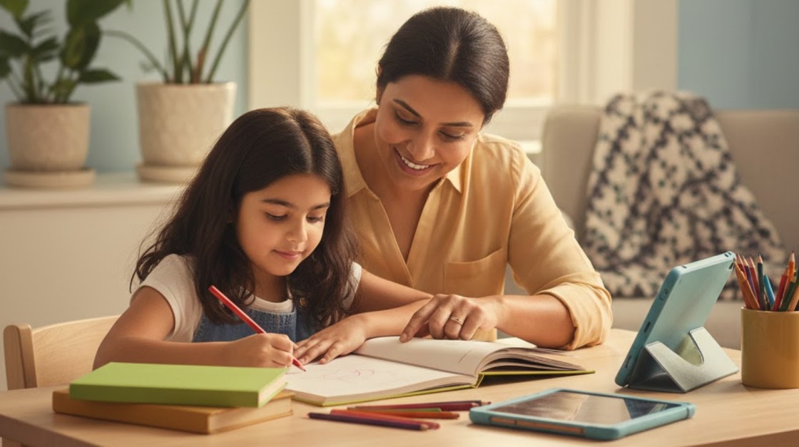 parent supporting child’s learning at home