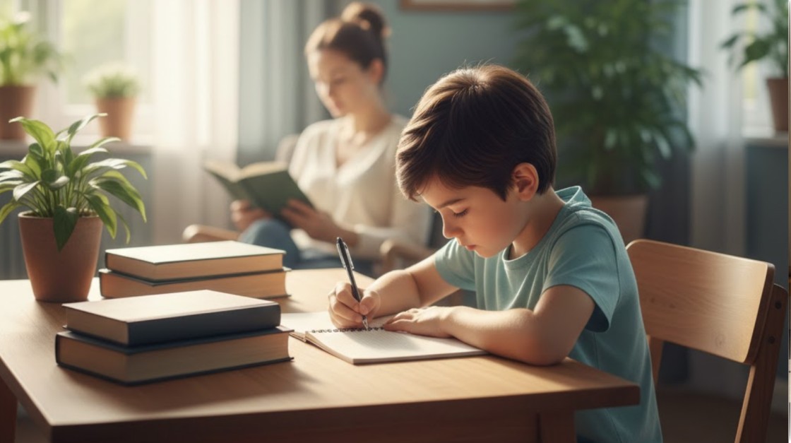 child studying with focus at home