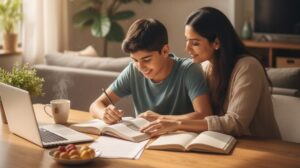 Mother calmly helping her son study during exams, showing emotional support and stress-free learning at home