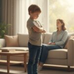 a stubborn child (7–10 years old) crossing arms and refusing to listen, mother sitting nearby staying calm