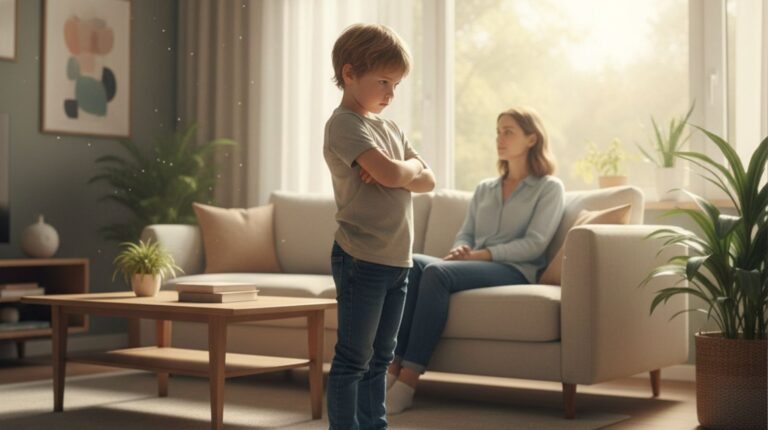 a stubborn child (7–10 years old) crossing arms and refusing to listen, mother sitting nearby staying calm