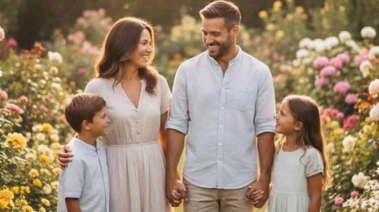 A bright happy family smiling at each other and holding hands together