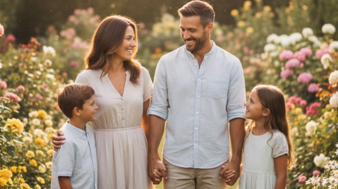 A bright happy family smiling at each other and holding hands together