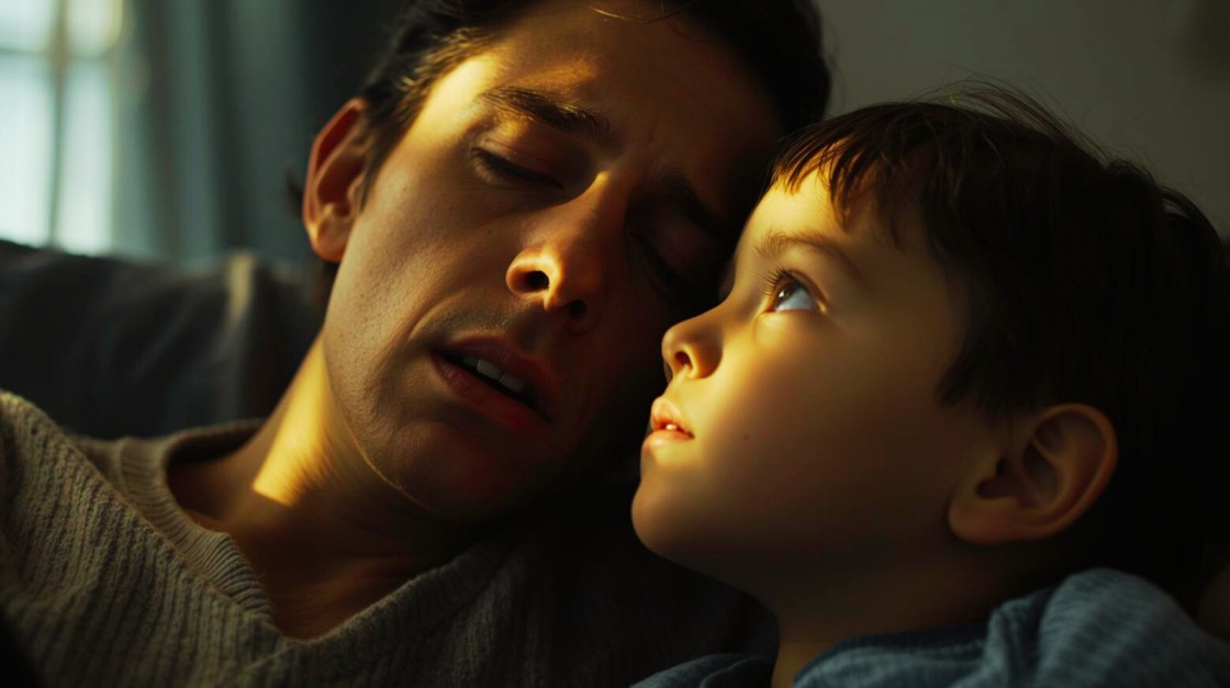 Close-up of a working parent and child showing emotional connection affected by job stress