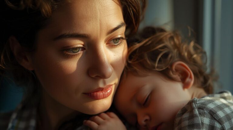working mother in a moment of calm reflection, highlighting her face as a symbol of emotional strength