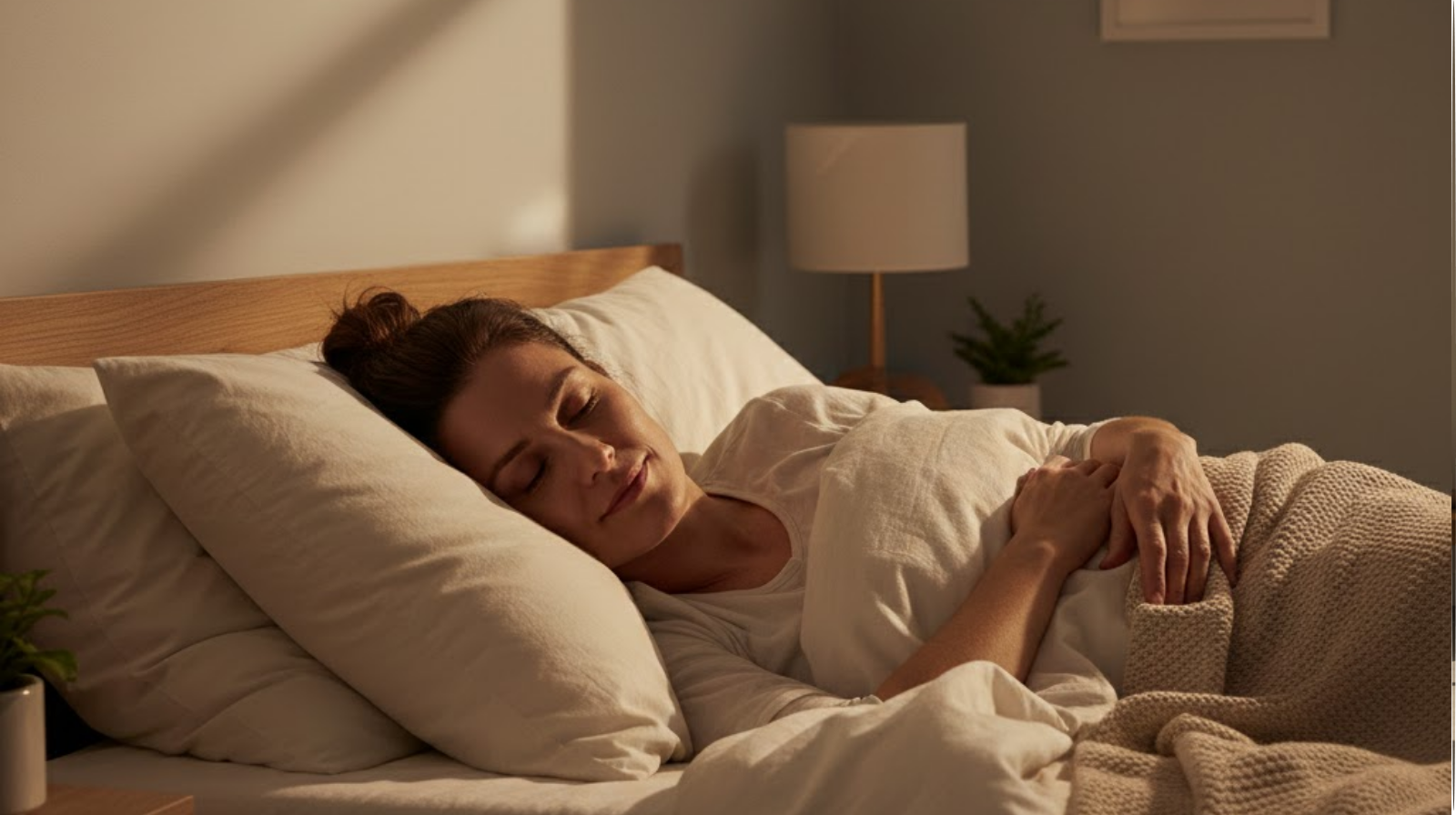 A calm parent resting peacefully in a quiet bedroom, representing natural sleep and relaxation