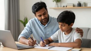 Parent and child studying together, reflecting calm and supportive exam-time environment