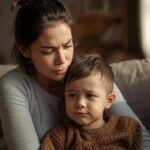 Parent calmly managing emotions while supporting a child
