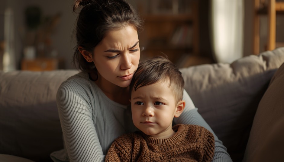 Parent calmly managing emotions while supporting a child