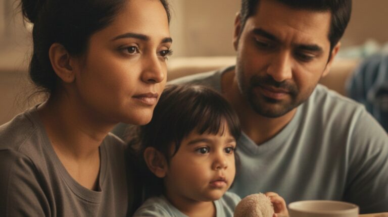 Tired parent sitting quietly with a thoughtful expression