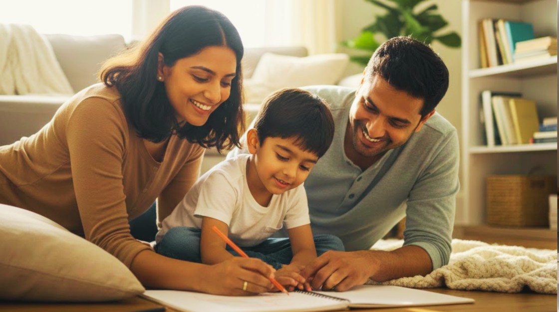 Parents guiding child with kindness and clear boundaries