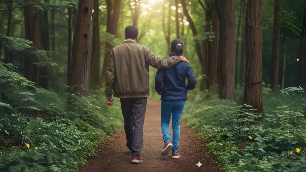father and daughter walking together showing emotional support and bonding