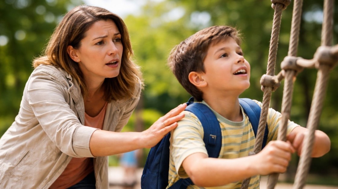 Parent closely watching child while climbing at playground showing helicopter parenting behavior