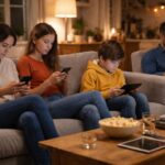 Family sitting on a sofa at night, each using a phone or tablet instead of talking