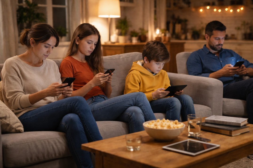 Family sitting on a sofa at night, each using a phone or tablet instead of talking