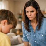 Angry mother staring strictly at her child as the child looks down in a modern living room