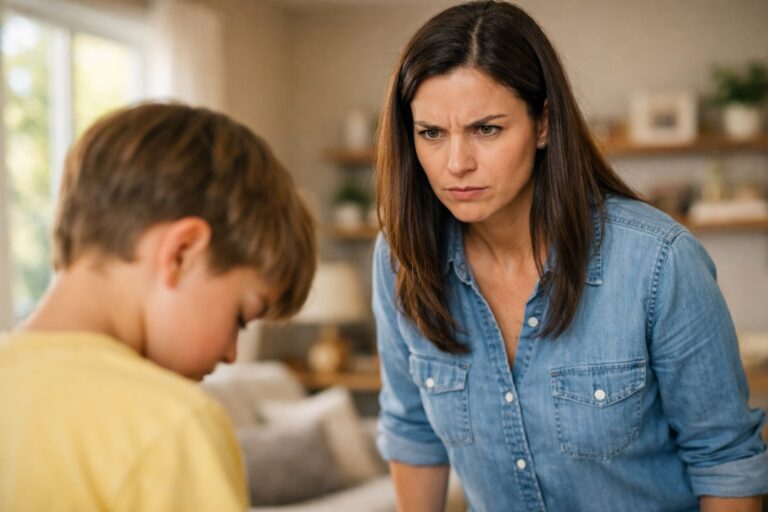 Angry mother staring strictly at her child as the child looks down in a modern living room