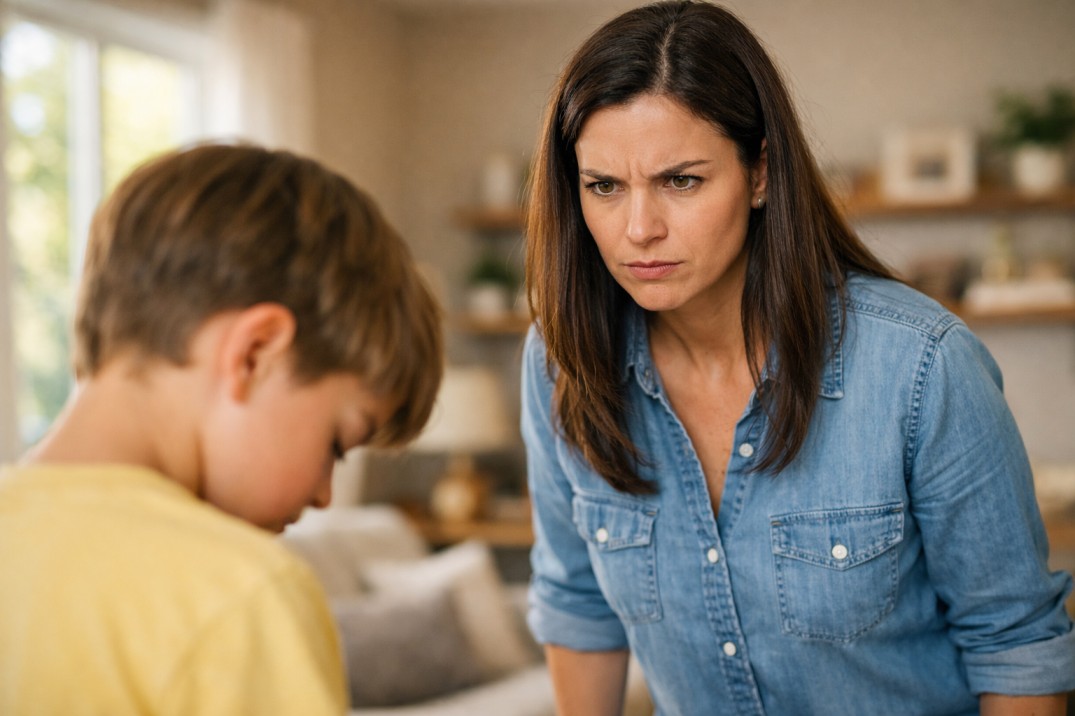 Angry mother staring strictly at her child as the child looks down in a modern living room
