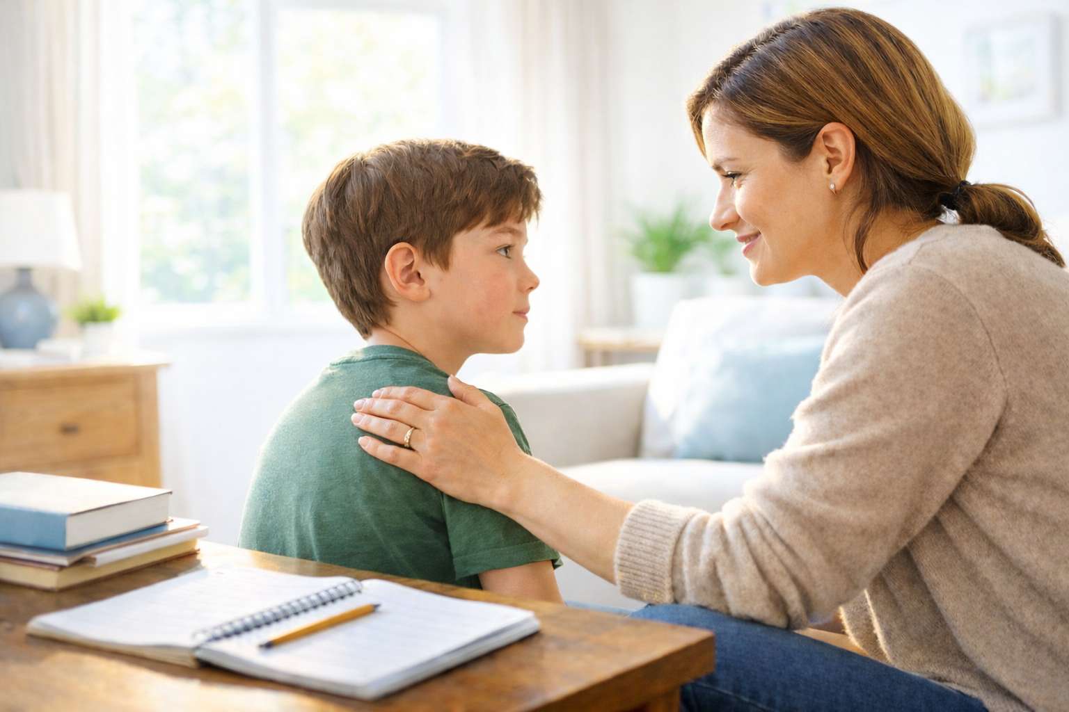 Parent calmly comforting child while setting gentle boundaries at home