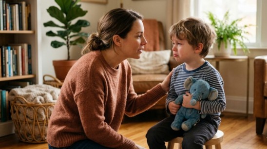 parent talking to child with gentle guidance showing emotional parenting and communication