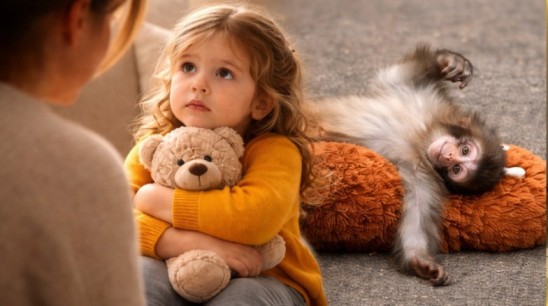 child holding toy looking for emotional comfort while parent sits nearby