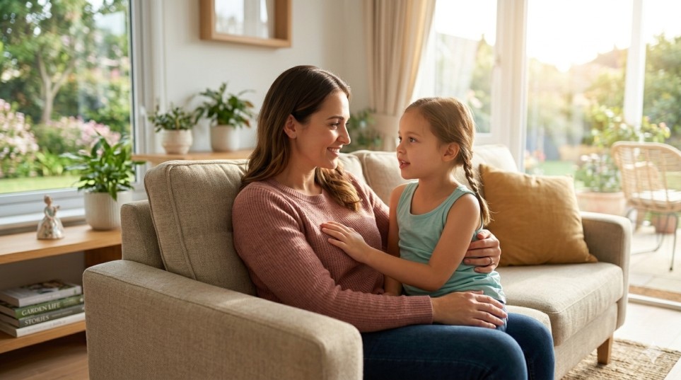 parent listening attentively to child in a calm and loving home environment