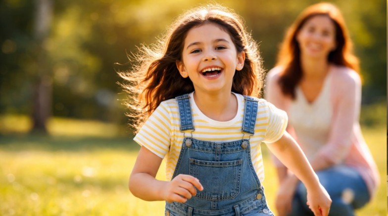 happy carefree child playing freely while parent watches supportively in background