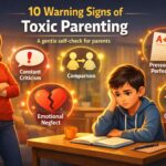 Illustration showing a strict parent and sad child highlighting warning signs of toxic parenting