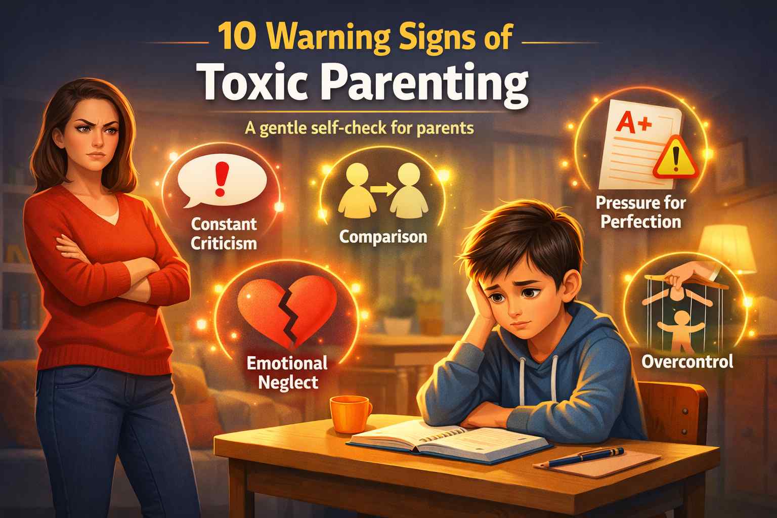 Illustration showing a strict parent and sad child highlighting warning signs of toxic parenting