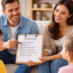 parents calmly explaining house rules to children at home