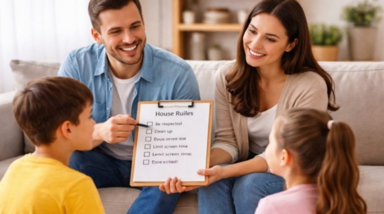 parents calmly explaining house rules to children at home