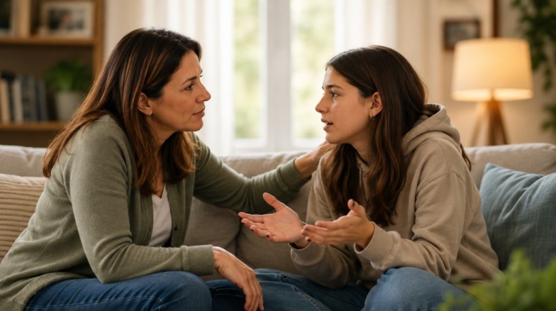 Mother and teenage daughter talking calmly together after resolving a disagreement