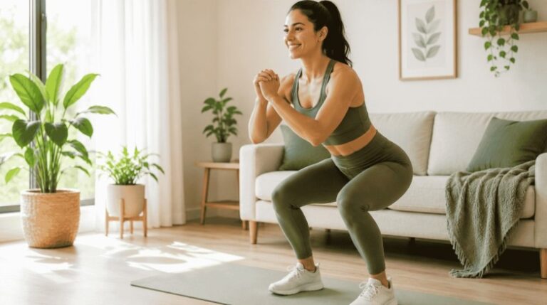 Woman doing a simple home workout in a bright modern living room