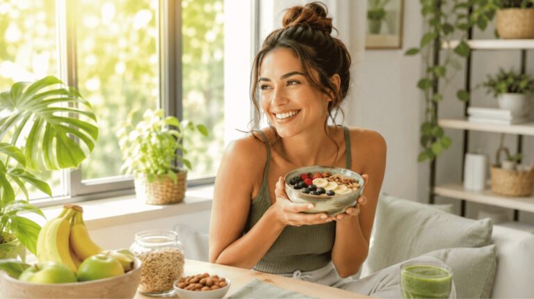 Smiling woman enjoying a healthy breakfast with oats, berries, bananas, and nuts near a sunny window